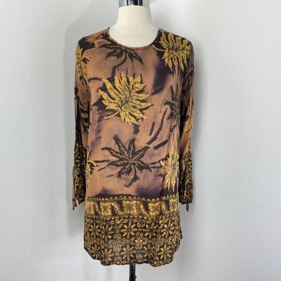 Putri Diana Batik Brown Tunic Blouse Top Med Long Sleeves Boho Whimsy Fairy Goth - Picture 1 of 10